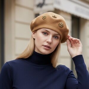 Embellished Tan Beret - Wool